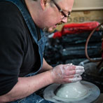 Richard Heeley at work in his pottery in Shropshire Feb 2018